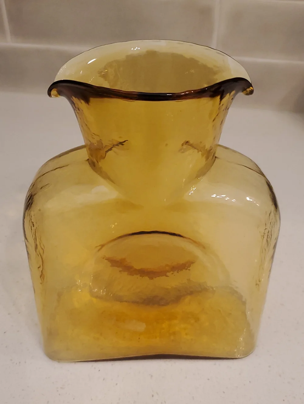 Blenko Double Sided Spout Water Bottle Pitcher Vase Amber Glass
